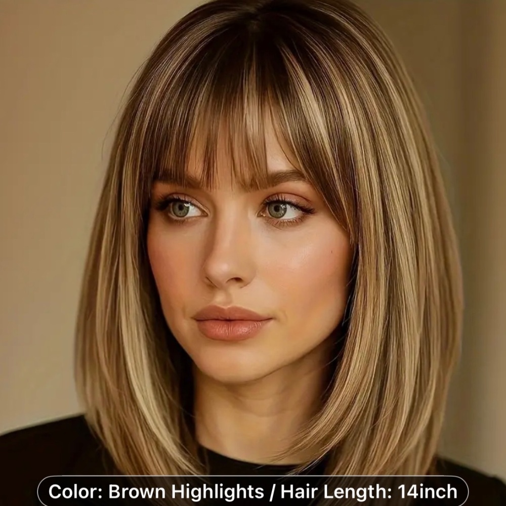 14” Brown Balayage Highlights Straight Bangs Wig - Heat-Resistant .